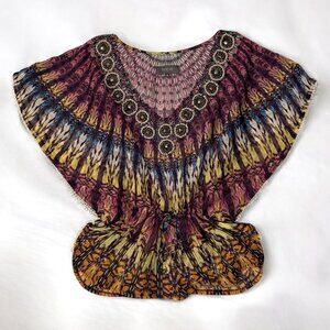 Multicolor Ikat Chiffon Top with Beaded V Neck Butterfly Sleeves Cinched Waist